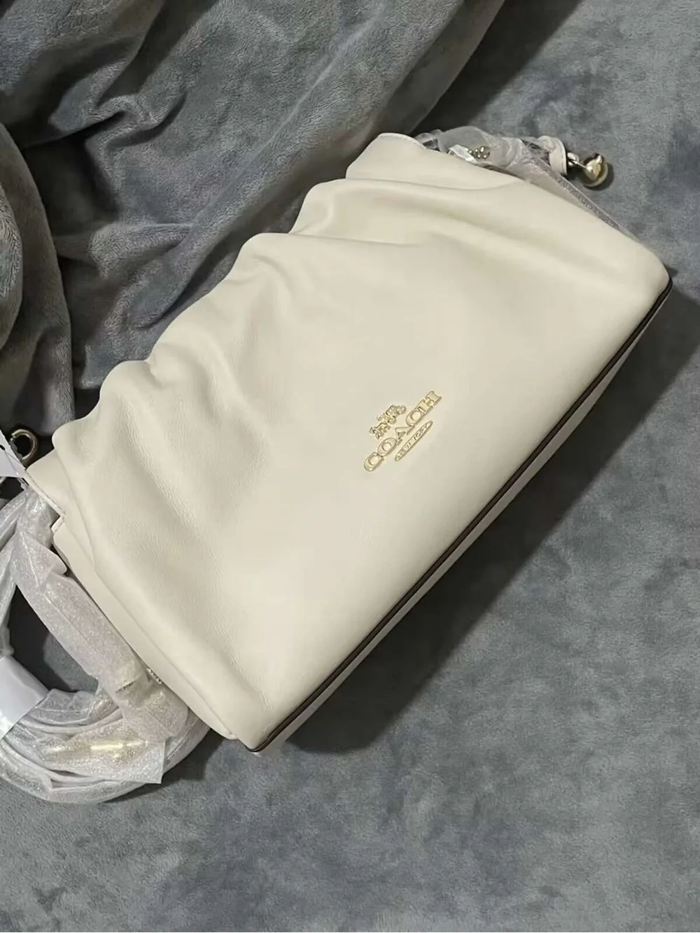 Coach Cream Leather Ruched Crossbody with Gold Hardware